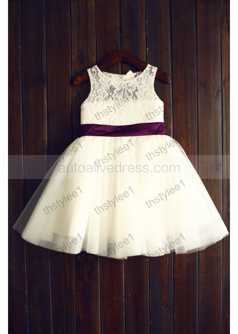 ivory and plum flower girl dress