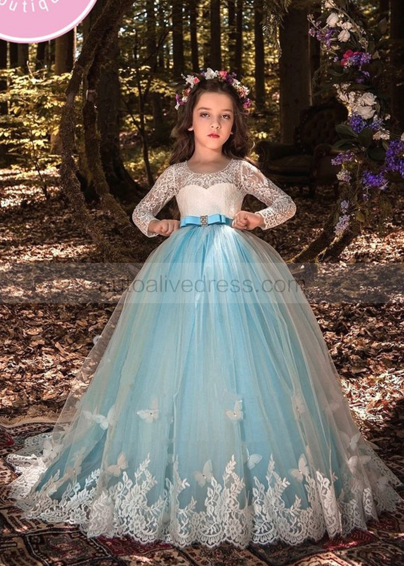 A Line Ivory Lace Tulle Full Sleeves Slit Back Floor Length Flower