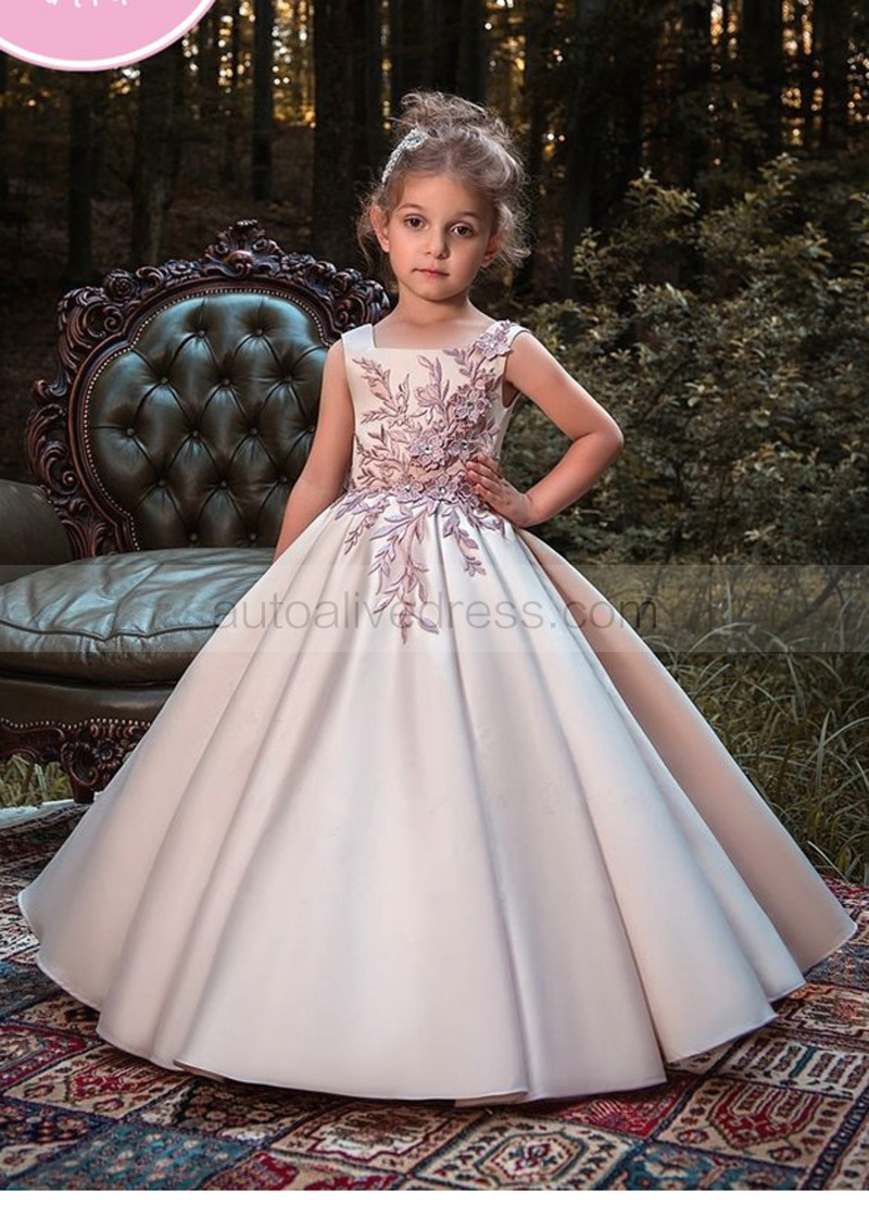 A Line Pink Lace Satin Floor Length Flower Girl Dress Wedding