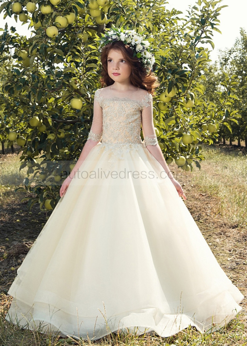 Princess Elbow Sleeves Cream Lace Organza Floor Length Flower Girl