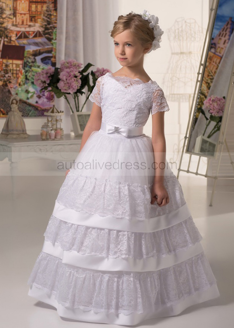 A Line Short Sleeves White Lace Tulle Floor Length Flower Girl Dress
