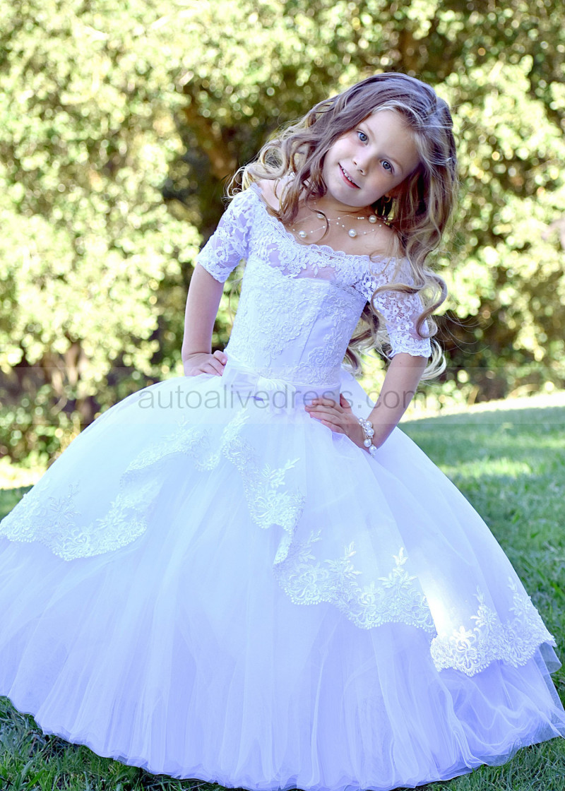 Princess Off Shoulder White Lace Tulle Floor Length Flower Girl Dress