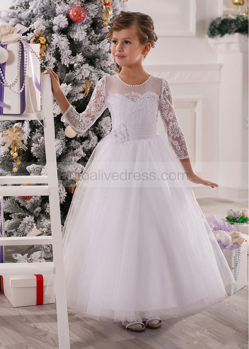 white lace long sleeve flower girl dress