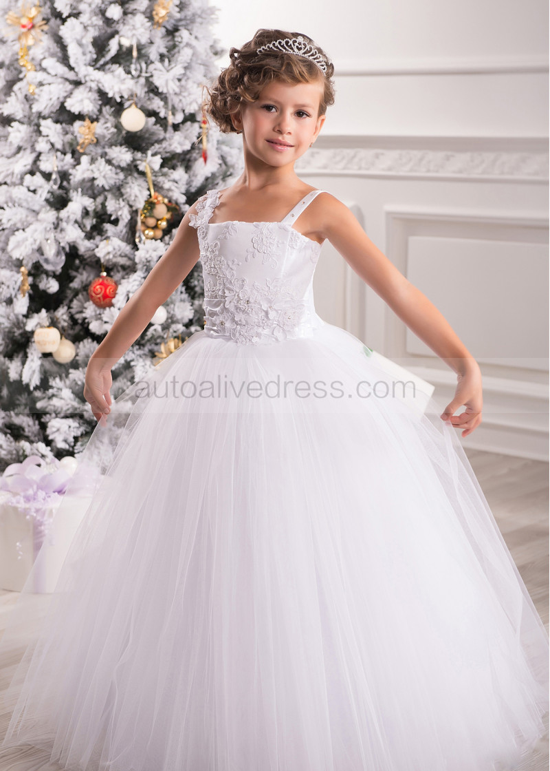 Princess Straight Neck Floor Length Sleeveless White Beaded Lace