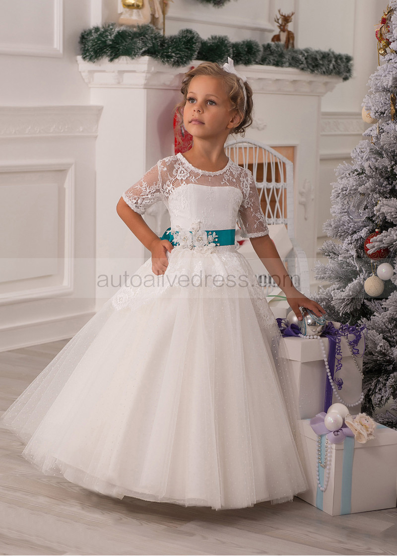 short lace flower girl dress with illusion sleeves