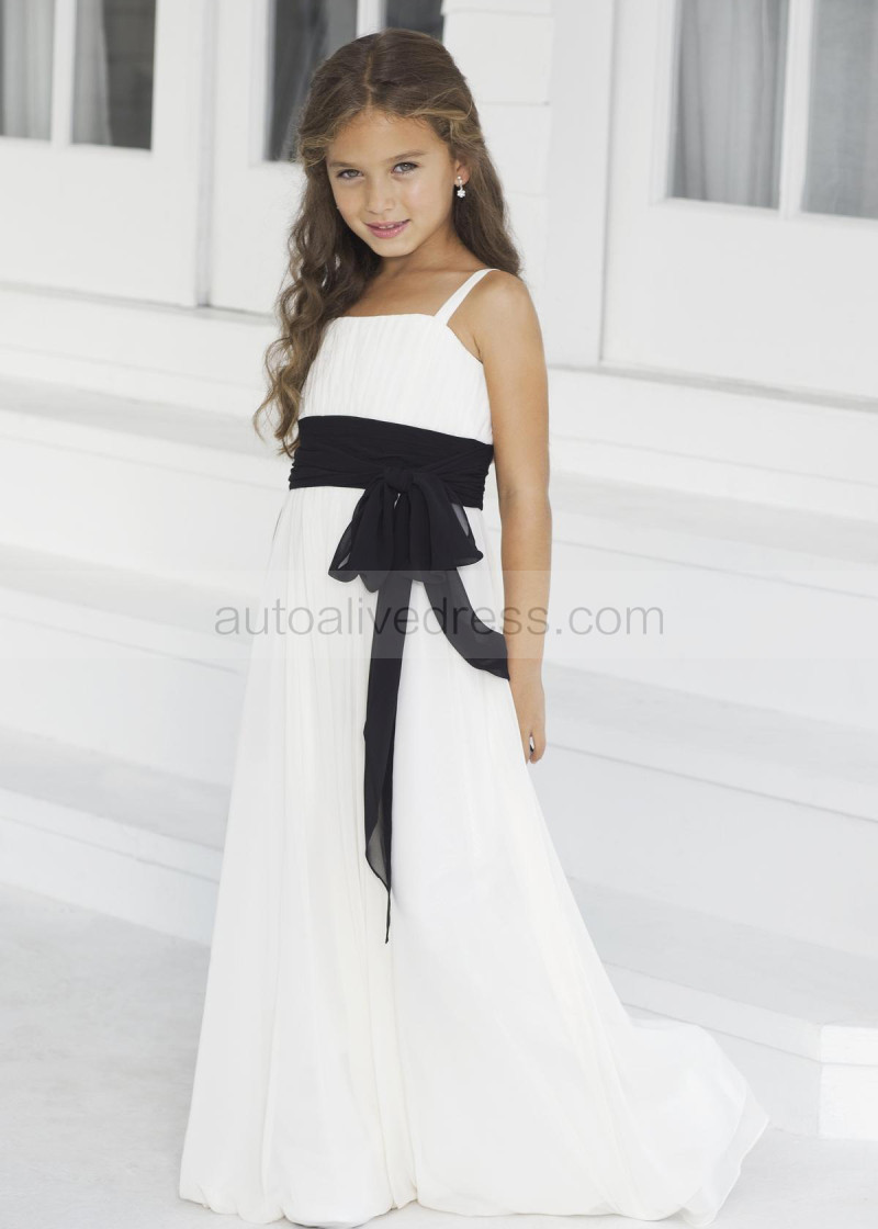 A Line Spaghetti Straps White Satin Black Sash Floor Length Junior Spaghetti Straps White Satin Black Chiffon Sash Floor Length Junior Bridesmaid Dress