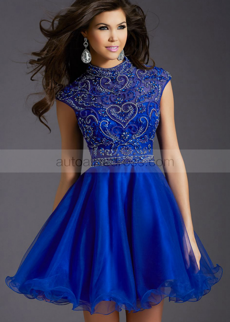 A Line High Neck Royal Blue Organza Beaded Knee Length Prom Dress Royal Blue Organza Beaded High Neck Back Knee Length Prom Dress