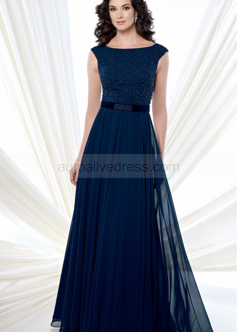 A Line Boat Neckline Floor Length Navy Blue Brown Beaded Chiffon