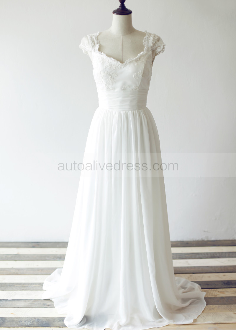 A Line Ivory Lace Cap Sleeves Folded Sash Chiffon Wedding Dress