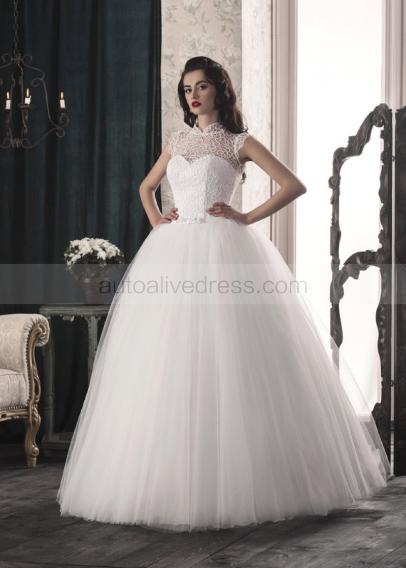 Ball High Neck Ivory Lace Tulle Wedding Dress
