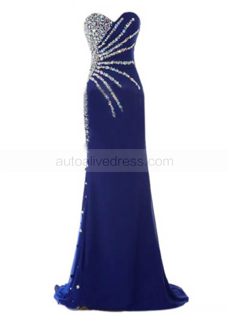 royal blue beaded prom dress