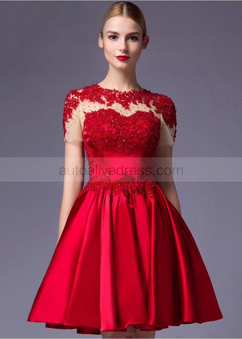 red lace satin dress
