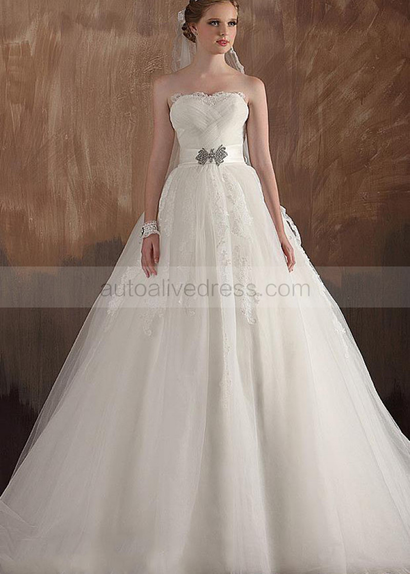 Ivory Lace Tulle Strapless Corset Back Long Wedding Dress