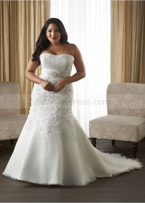 Mermaid Strapless Corset Back Ivory Lace Plus Size Wedding Dress