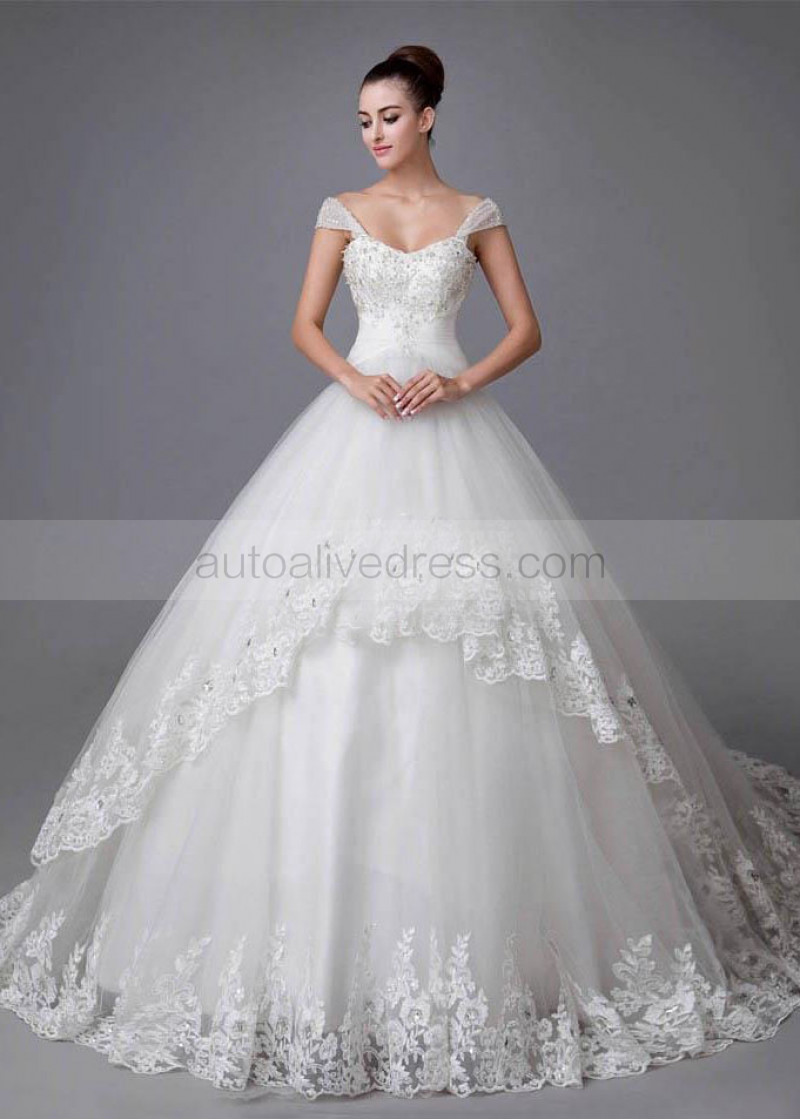 Ivory Lace Tulle Beads Cap Sleeves Corset Back Long Wedding