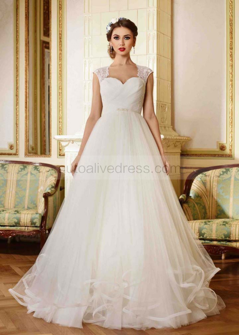 Ivory Lace Tulle Cap Sleeves Long Wedding Dress