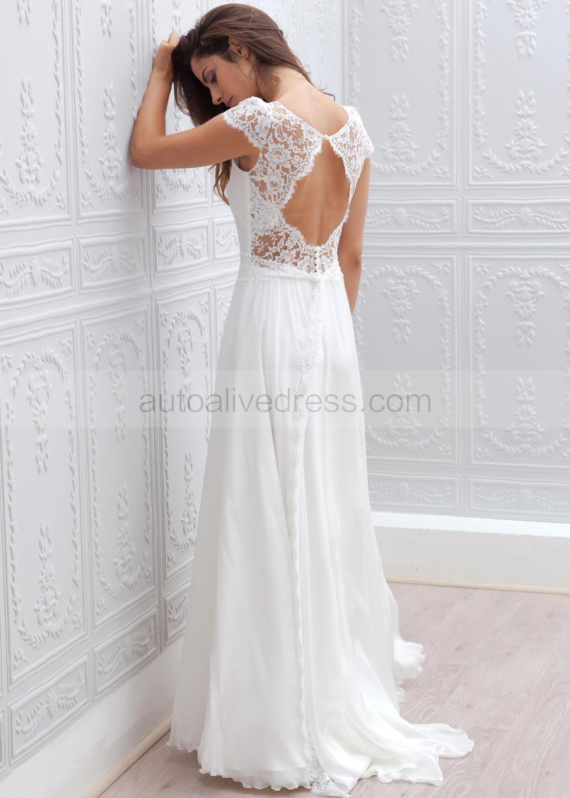 Ivory Lace Chiffon Cap Sleeves Keyhole Back Floor Length Wedding Dress