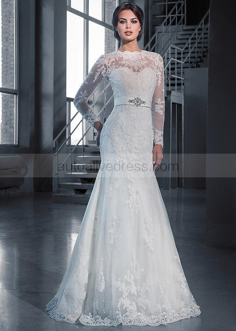 Mermaid Long Sleeves Ons Back Ivory Lace Tulle Wedding Dress Mermaid Ivory Lace Tulle Ons Back Beaded Long Sleeves Wedding Dress