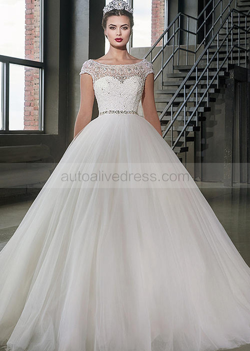 A Line Boat Neck Cap Sleeves Corset Back Ivory Lace Tulle Wedding Boat Neck Ivory Lace Tulle Corset Back Cap Sleeves Beaded Wedding Dress