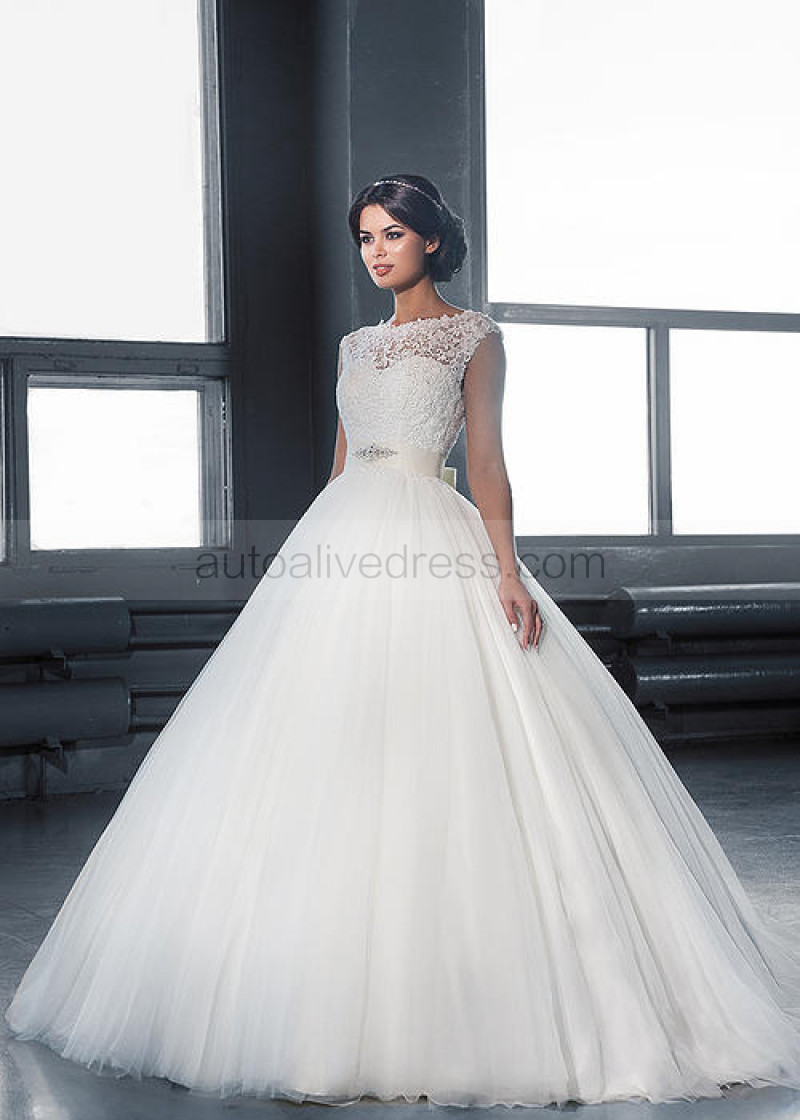 Ball Gown Boat Neck Floor Length Sleeveless V Back Ivory Lace Tulle Boat Neck Ivory Lace Tulle V Back Wedding Dress