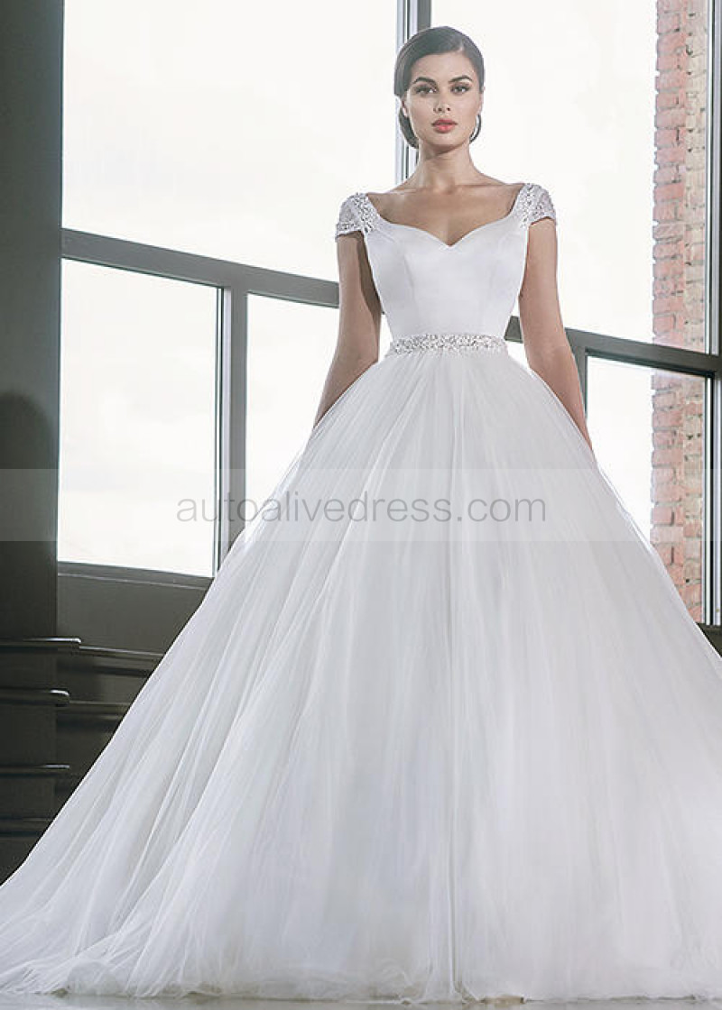 Ball Gown V Neck Cap Sleeves Backless Ivory Satin Tulle Wedding
