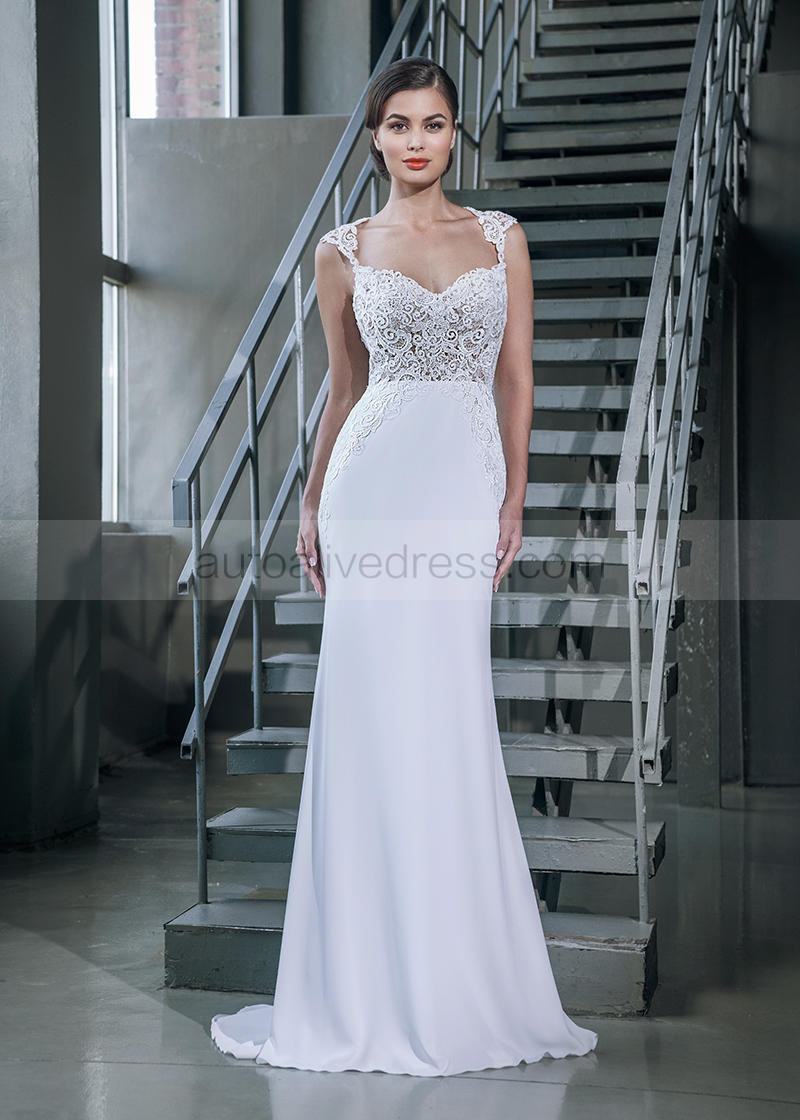 Mermaid Queen Anne Neck Cap Sleeves Open Back White Lace Satin