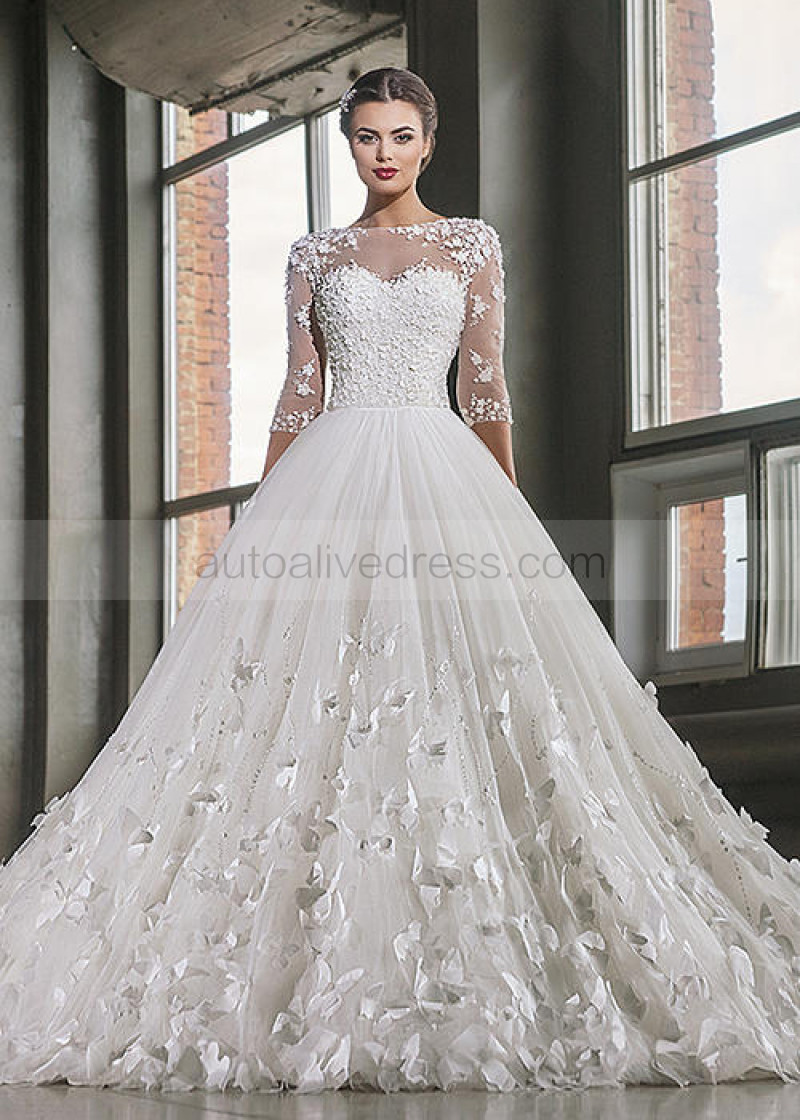 A Line Illusion Neck Elbow Sleeves Ons Back With Decorative Vintage Ivory Lace Tulle Wedding Dress Princess With Decorative Erflies