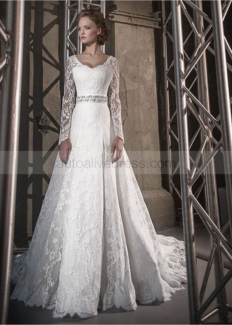 A Line Scoop Neckline Corset Back Long Sleeves Court Train Ivory