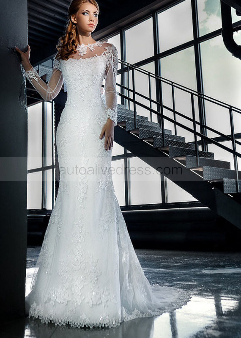 Mermaid Jewel Neckline Long Sleeves Sheer Back Sweep Train Ivory