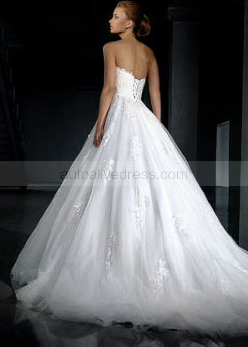 A Line Strapless Corset Back Chapel Train Ivory Lace Tulle Wedding Dress