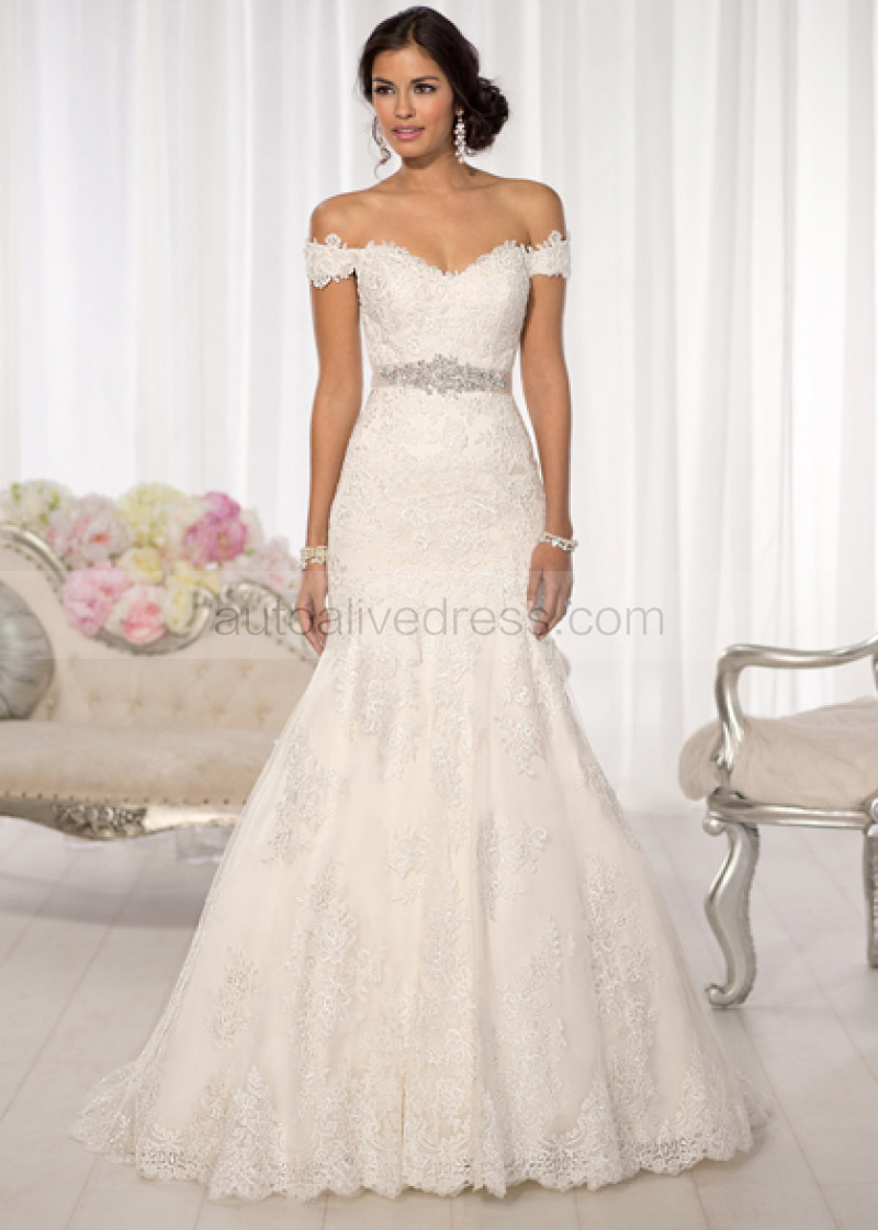 Mermaid Off Shoulder Sweep Train Ivory Lace Tulle Wedding Dress