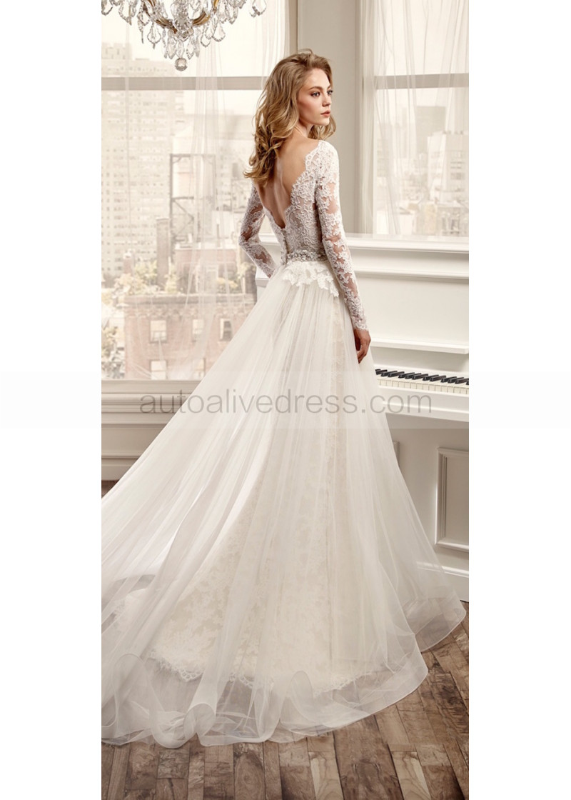 V Neck Long Sleeves Sweep Train Ivory Lace Tulle Wedding Dress