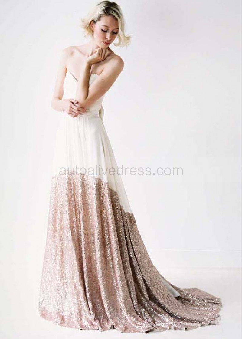Strapless Sweep Train Ivory Ciffon Champagne Sequin Wedding Dress Strapless Sweetheart Neckline Ivory Chiffon Champagne Sequin Wedding Dress