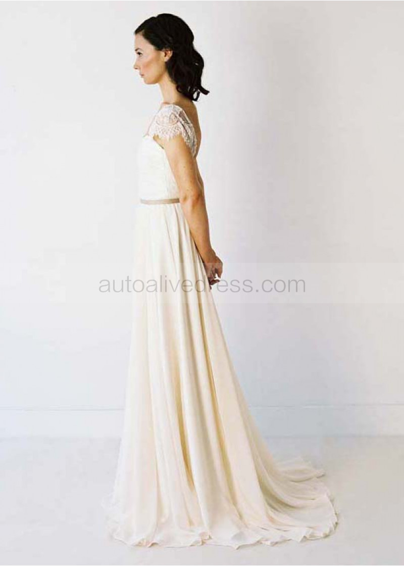 A Line Scoop Neckline Corset Back Sweep Train Ivory Lace Chiffon