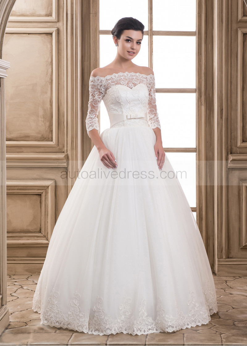 A Line Off Shoulder Elbow Sleeves Corset Back Ivory Lace Tulle