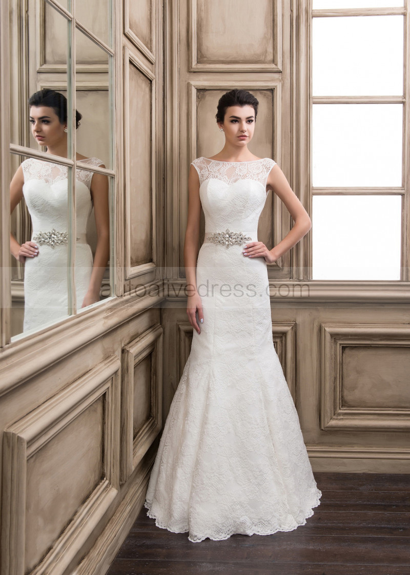 Mermaid Boat Neck Cap Sleeves V Back Lace Wedding Dress Bridal Gown