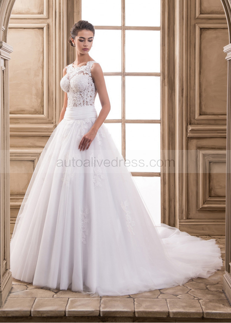 Illusion Neck Long Sleeves Satin Court Train Wedding Dress