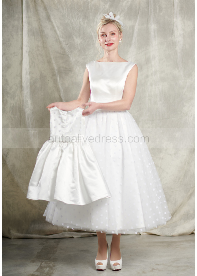 A Line Ivory Satin Polka Dots Tulle V Back Tea Length Wedding Dress