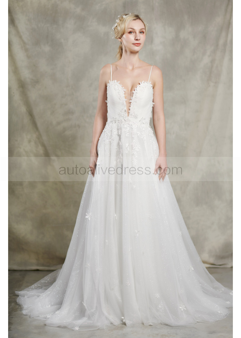 A Line Plunging V Neck Ivory Lace Sparkle Tulle Open Back Wedding
