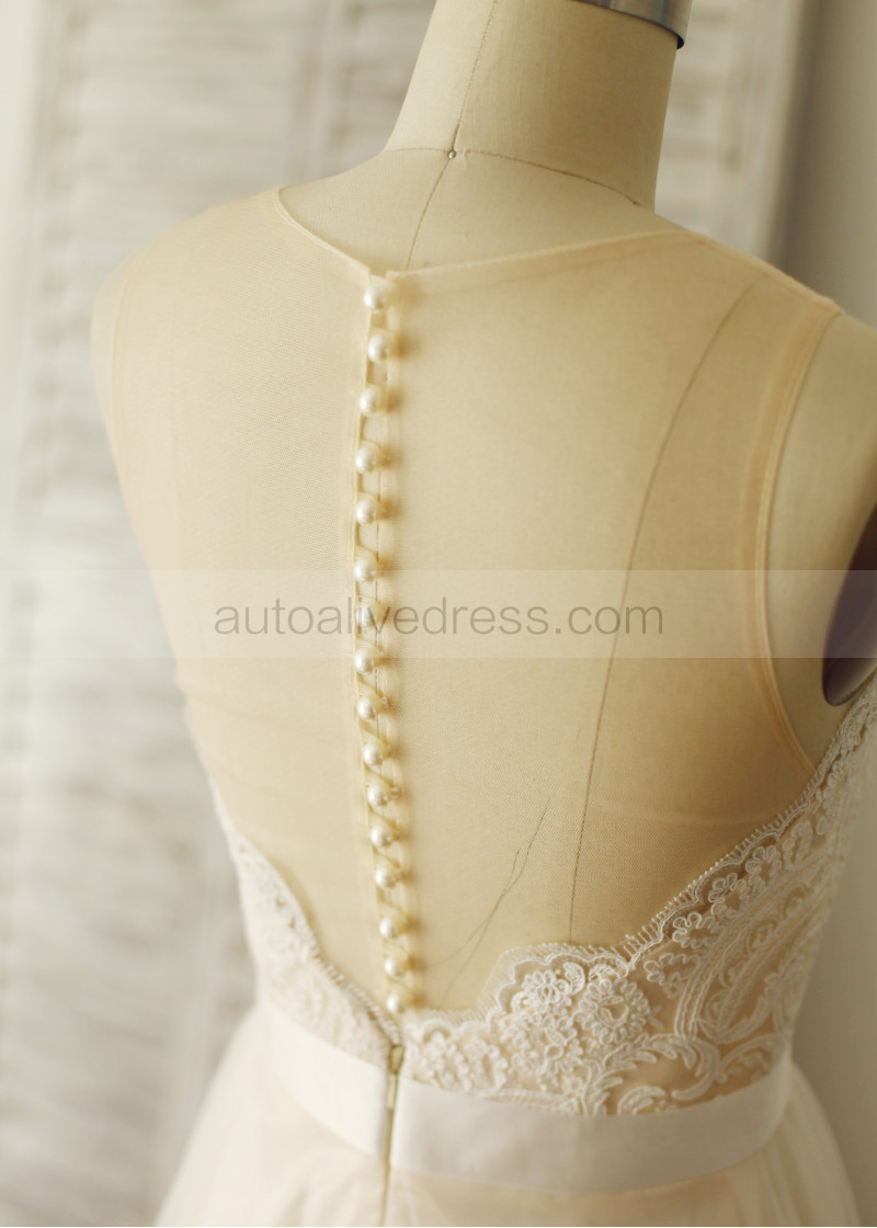 Champagne Lace Tulle Pearl Buttons Back Wedding Dress