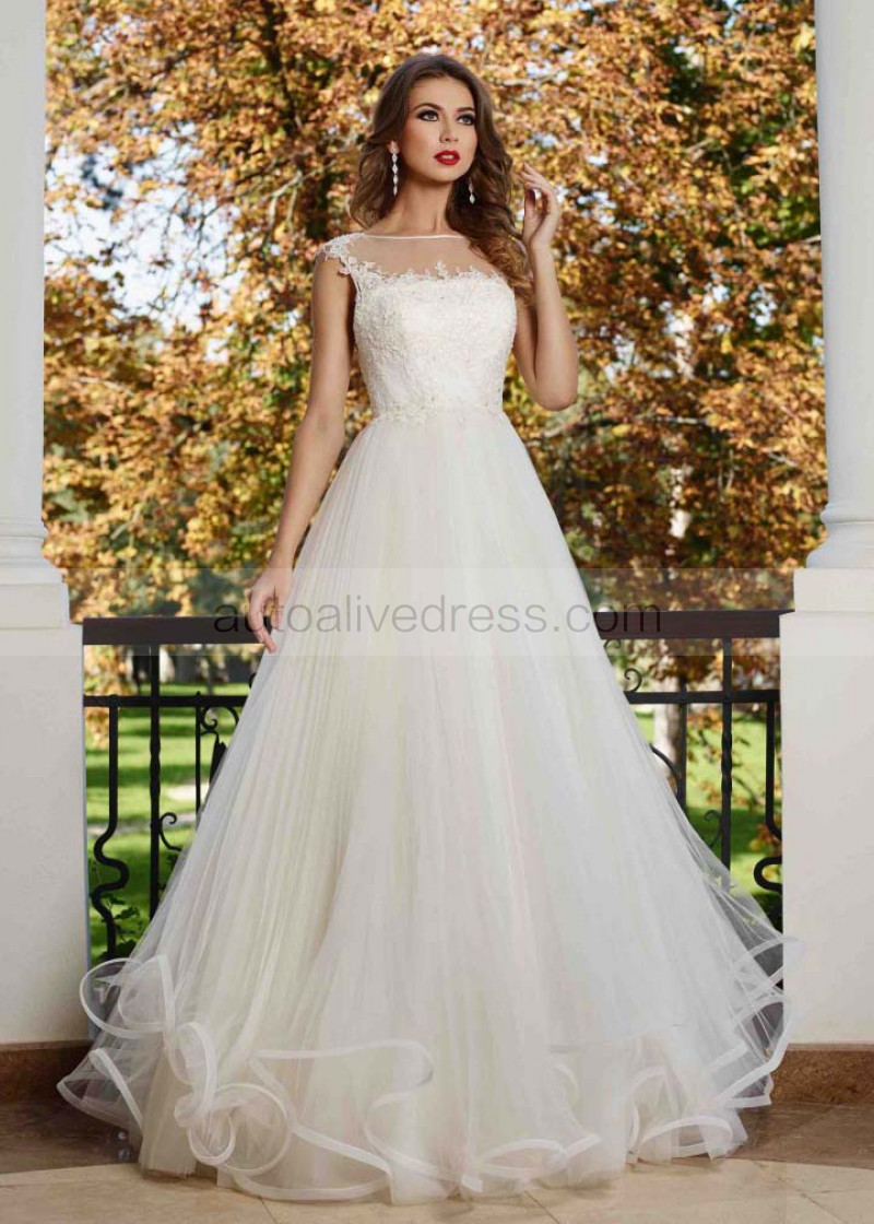 A Line Boat Neckline Ivory Lace Tulle Full Length Wedding Dress