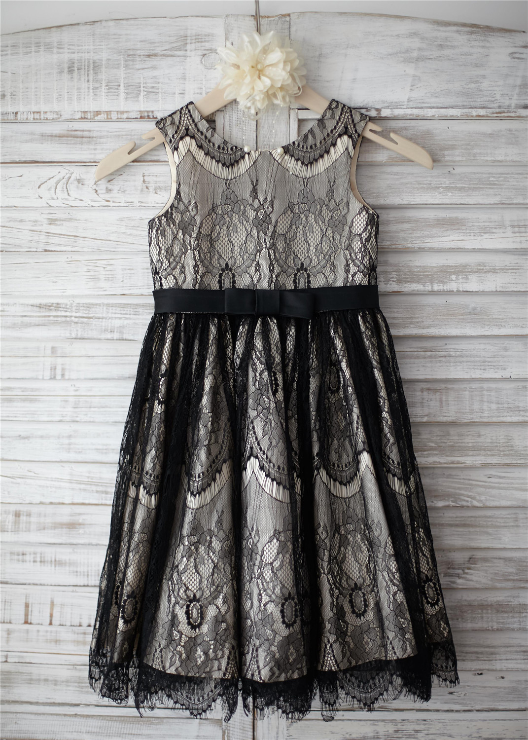 A-line Black Eyelash Lace Champagne Lining Knee Length