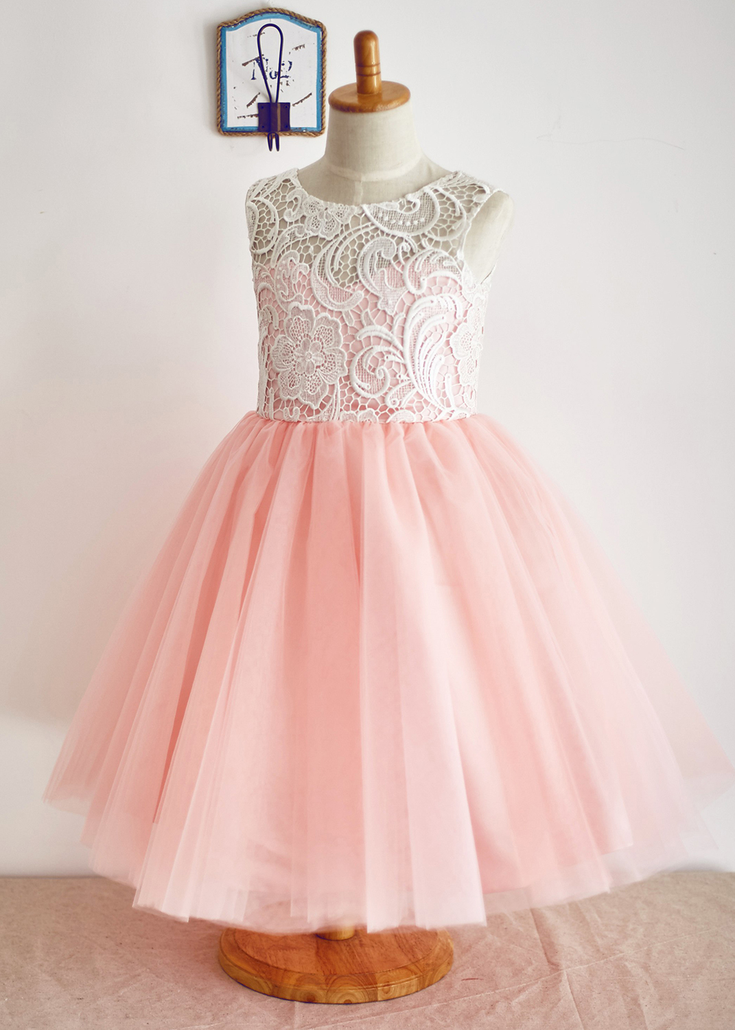 A Line Ivory Lace Peach Pink Tulle Flower Dress