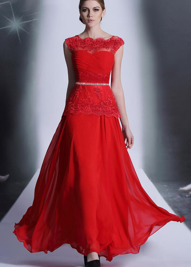 Red Lace Chiffon Bateau Neckline Long Evening Dress