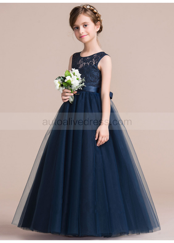 Navy Blue Lace Tulle Fashionable Flower Girl Dress