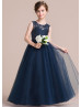 Navy Blue Lace Tulle Fashionable Flower Girl Dress