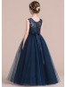 Navy Blue Lace Tulle Fashionable Flower Girl Dress