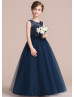 Navy Blue Lace Tulle Fashionable Flower Girl Dress