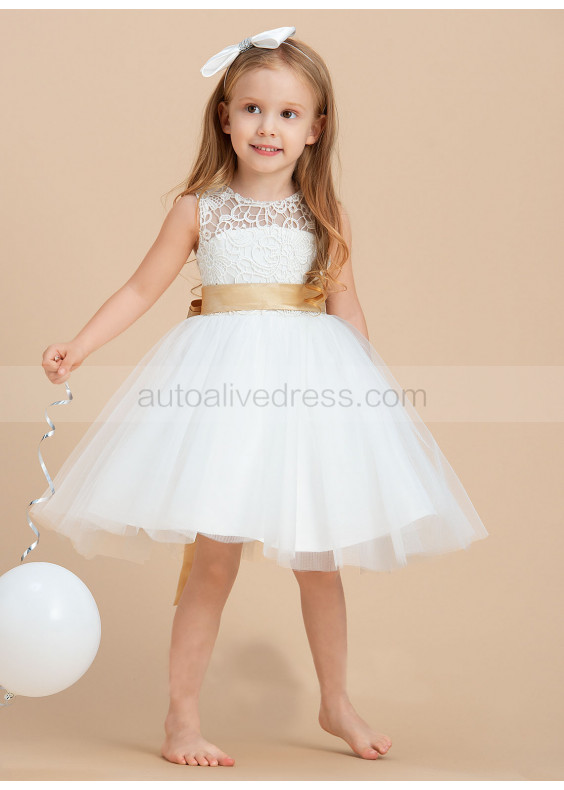 Ivory Lace Tulle Keyhole Back Cute Flower Girl Dress Classic Kids Dresses