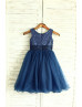 Navy Blue Sequin Tulle Curly Hem Knee Length Flower Girl Dress Navy Blue Sequin Tulle Curly Hem Knee Length Flower Girl Dress